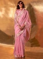 Georgette Baby Pink Wedding Wear Hand Woven Saree